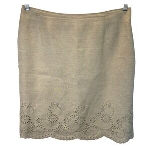 Jillian Jones Skirt Womens 10 Beige Linen Blend‎ Eyelet Floral Scalloped Hem